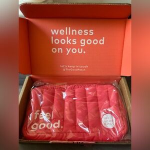 THE GOOD PATCH red quilted bag, scrunchy, and two discontinued patches